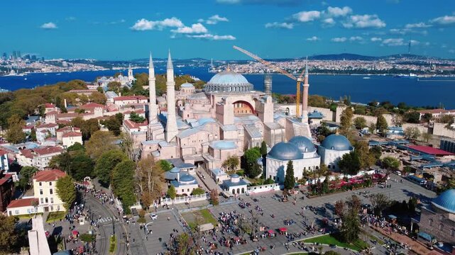 Hagia Sophia Aerial View with Bosphorus Strait on a Sunny Day in Istanbul