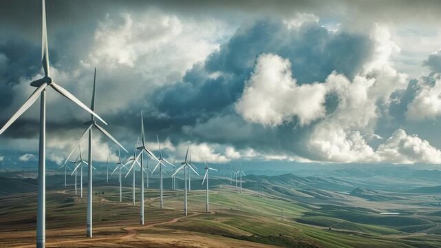 Row of Wind Turbines Against Dramatic Clouds and Rolling Green
