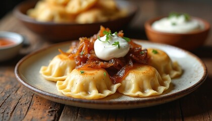Plate of Polish pierogi served with caramelized onions and sour cream topping. Traditional dumplings are a hearty comfort food, perfect for lunch or dinner. Delicious dumplings look tasty.
