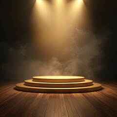 Obraz premium Empty gold award podium on wood floor under spotlights. Smoke swirls around the stage platform. Scene conveys achievement, celebration, and recognition. Ideal for winner announcements.