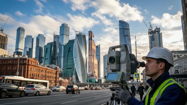Surveyor Uses Theodolite On City Street To Survey Construction Project Tall Skyscrapers Traffic Are In The Background For Construction Engineering Real Estate Visuals