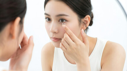 コンタクトレンズを装着する女性　指でコンタクトレンズを付ける