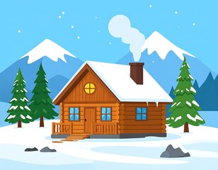 A cozy log cabin nestled in a snowy mountain landscape