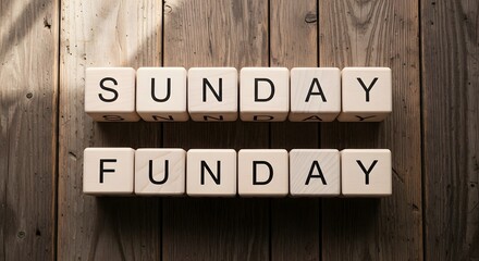 Wooden blocks spelling SUNDAY on top of blocks spelling FUNDAY, on a weathered wood plank background.