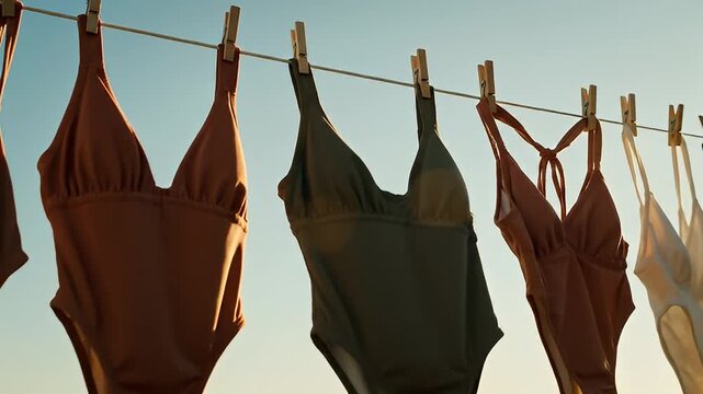 Various colorful swimsuits hanging on a clothesline outdoors against a clear blue sky.