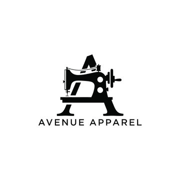 Vintage sewing machine integrated with letter A icon for tailoring or fashion boutique brand identity Avenue Apparel logo design template