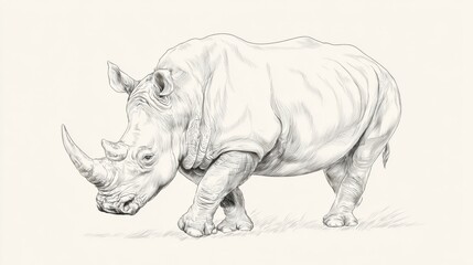 Obraz premium Detailed Sketch of a Rhino Walking on a Plain Background