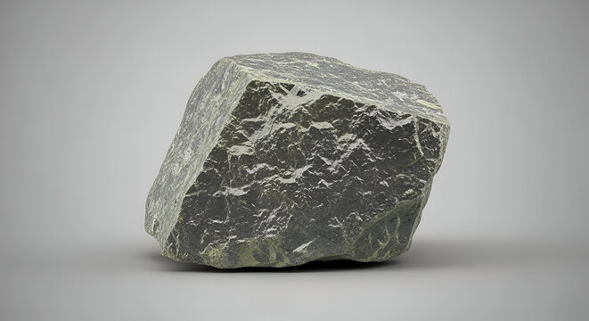 Isolated rough dark green geological mineral specimen featuring crystalline fractures and light-colored mineral like uranium inclusions against a plain&nbsp; gray studio background setting