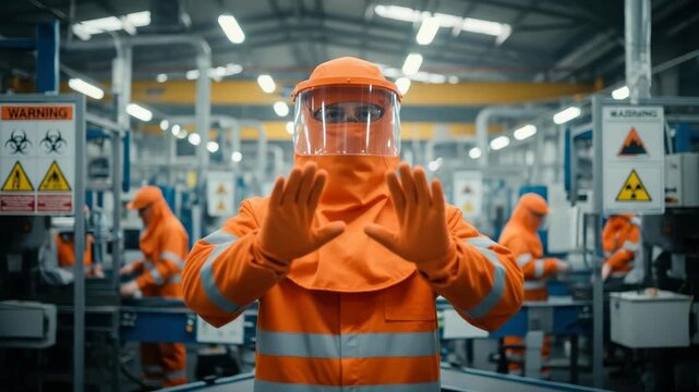 Worker In Protective Gear Arms Outstretched Halting In Factory Setting With Colleagues In The Background Possibly Demonstrating Safety Measures For Industrial Safety Education