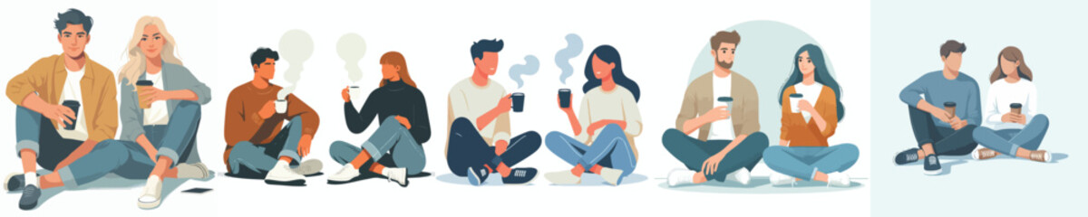 vector couple sitting on floor drinking coffee together © Ubaid Art