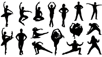 Fototapeta premium Collection of diverse silhouettes depicting multiple human poses and movements.