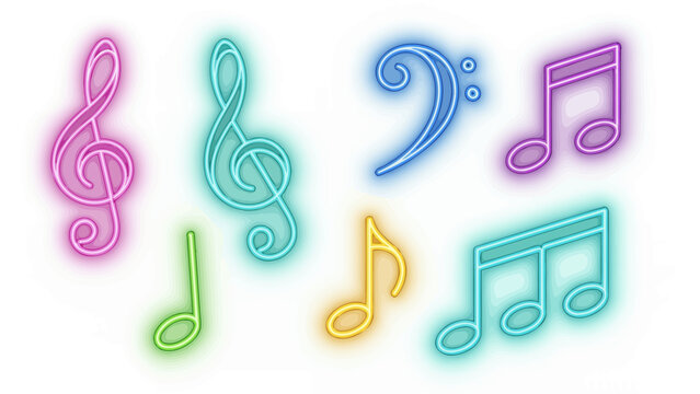 Vibrant Neon Musical Notes Illustration with Colorful Glow and Rhythm.