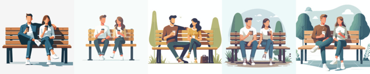 Obraz premium vector couple sitting on park bench drinking coffee together