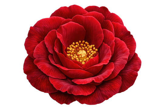 Red camellia flower with vibrant petals and yellow stamens, blooming and symbolizing love and passion, isolated on transparency