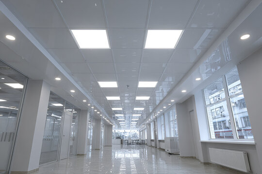 Modern office interior with bright suspended ceiling system and large windows, reflecting light on shiny tiled floor, creating spacious and clean atmosphere