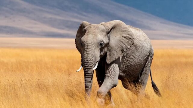 An elephant strides through tall, golden grasses, framed by a distant mountain range