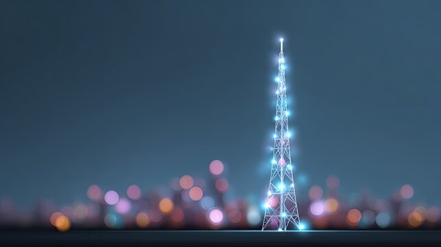 Futuristic Communication Tower Illuminated by Colorful Bokeh Lights at Night with Abstract Urban Background for Technology and Connectivity Themes