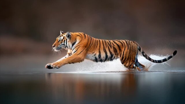 A majestic tiger sprints through shallow water, creating splashes and a blurred reflection