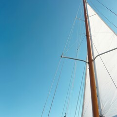 Fototapeta premium Wooden mast and white sail against clear blue sky. Nautical journey on sunny day with wind in sails. Sailing adventure across calm blue ocean water.