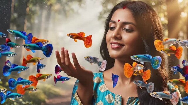 Woman in traditional attire surrounded by colorful fish in a forest