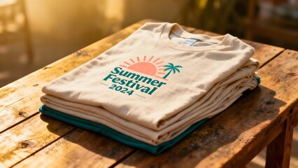 Stack of beige t-shirts featuring a vibrant 'Summer Festival 2024' logo with sun and palm tree, resting on a rustic wooden table bathed in warm golden hour light.