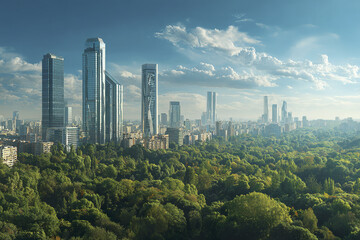 Fototapeta premium City skyline panorama with park landscape and modern skyscrapers under partly cloudy sky, showcasing urban greenery and architectural contrast in vibrant cityscape