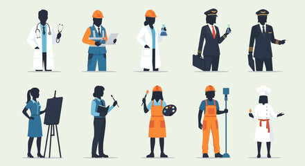 Diverse Professionals in Various Occupations Illustrated in a Grid Layout © Avra