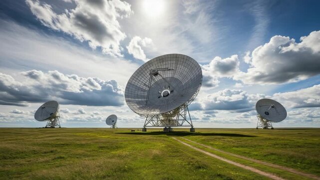 Large Satellite Dishes In Field Capturing Data Visible In The Background Are Clouds Blue Skies Used For Scientific Research Exploring Space Communications
