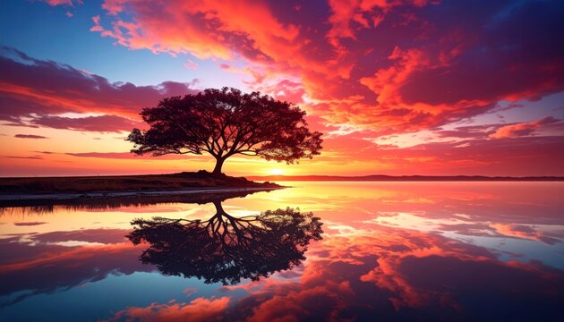 A lone tree silhouette reflects in still water as sunset paints the sky