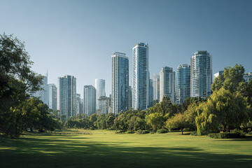 Obraz premium City skyline with park foreground green grass and trees under clear blue sky in urban environment with modern high rise buildings and natural landscape