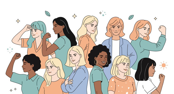 Diverse group of people standing together in solidarity and empowerment from a front viewpoint, illustration