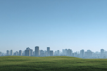 Obraz premium Green grass field with cityscape skyline in background under clear blue sky, peaceful urban nature contrast with modern buildings and open space