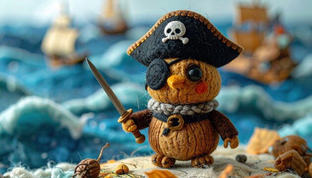 Adorable felt creature with eye patch, pirate hat, and sword on sea-themed scene