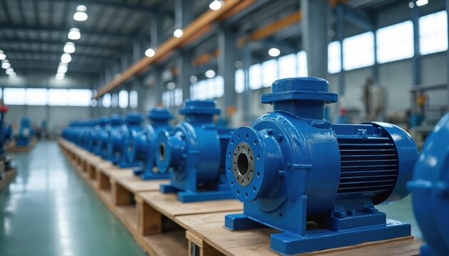 Rows of new blue centrifugal pumps with electric motors sit on wooden pallets in factory warehouse. Industrial machinery for fluid transfer, processing, power generation neatly organized on floor