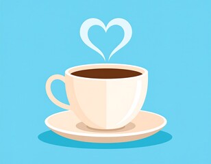 A cream-colored coffee cup, positioned on a saucer, sits against a light-blue background.  Steam curls in the shape of a heart above the steaming dark-brown coffee
