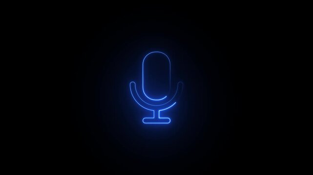 Glowing Blue Microphone on Dark Background Voice Assistant Symbol Neon Light Effect