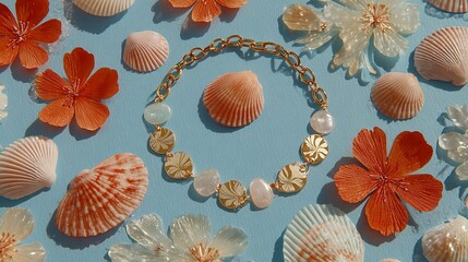 Stylish summer jewelry composition featuring a gold necklace, seashells, and flowers on a blue