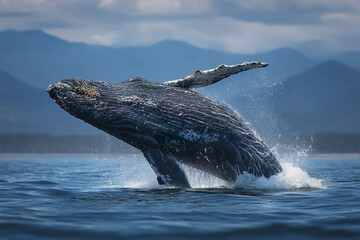 Naklejka premium Humpback whale breaching ocean surface with powerful upward motion, splashing water, and mountain range in background under cloudy sky, showcasing marine wildlife energy