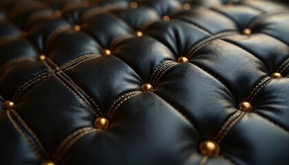 Fototapeta premium Black leather tufted texture with diamond pattern stitching and gold buttons. Deep plush surface with rich glossy sheen. Luxury material for upholstery, fashion, and interior design backgrounds.