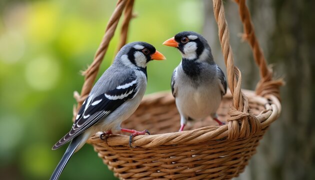 Two zebra finches perch on woven basket feeder. Small birds with orange beaks look at each other. Background is blurred green foliage. Wildlife scene.
