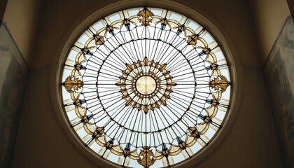 Circular ornate stained glass window ceiling ornament. Intricate patterns adorn glass panels filtering daylight. Warm golden and blue accents create a vintage mosaic effect indoors.