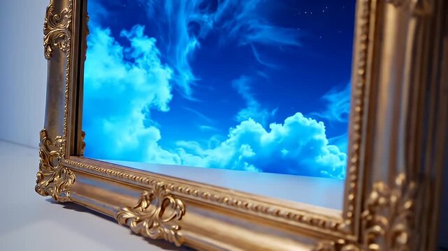 Ornate gold frame with vibrant sky and clouds reflection
