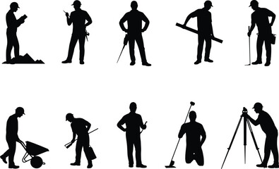 Obraz premium Construction worker silhouettes performing different professional tasks with tools and equipment, industrial labor people set, black vector illustration isolated on white background