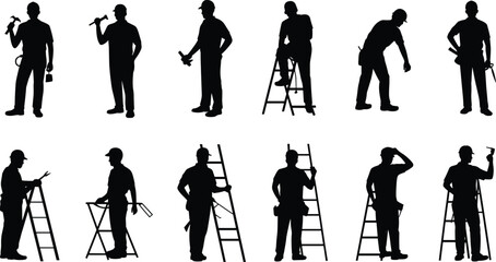 Construction worker silhouettes with tools and ladders, handyman labor activity collection, industrial maintenance jobs, safety work concepts, black vector illustration