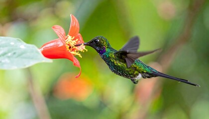 Naklejka premium A vibrant hummingbird sips nectar from a bright red flower in a lush garden.