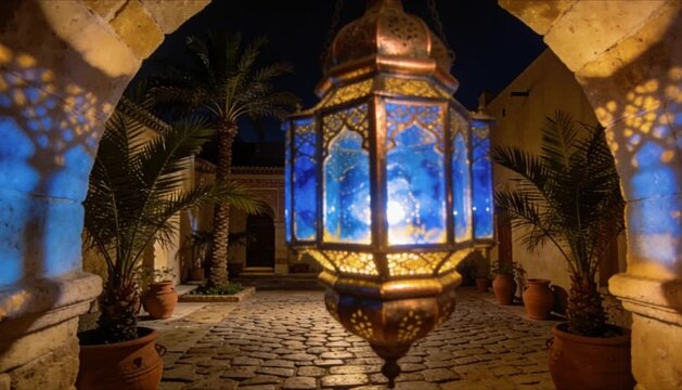 cinematic traditional fanous lantern with copper finish and blue glass glowing in a courtyard perfect for eid mubarak and ramadan