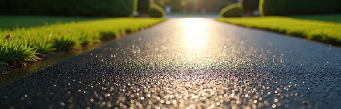Newly paved dark asphalt driveway shines with sunlight after rain. Fresh sealcoat sparkles under the sun. Green grass lines path, sunlight reflects on wet surface.