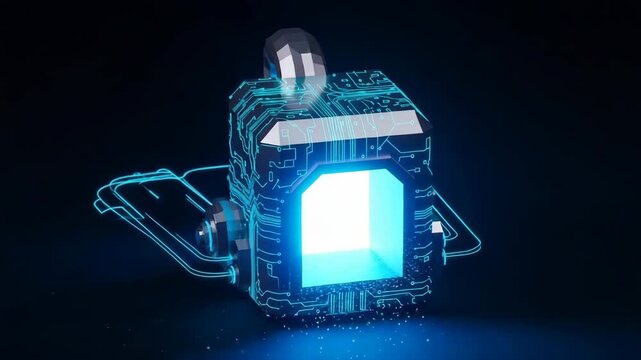 3d Rendered Digital Robot With Glowing Core In Dark Setting With Blue Circuit Board Lines Particles In The Background Good For Technology Sci-fi Digital Design Concepts