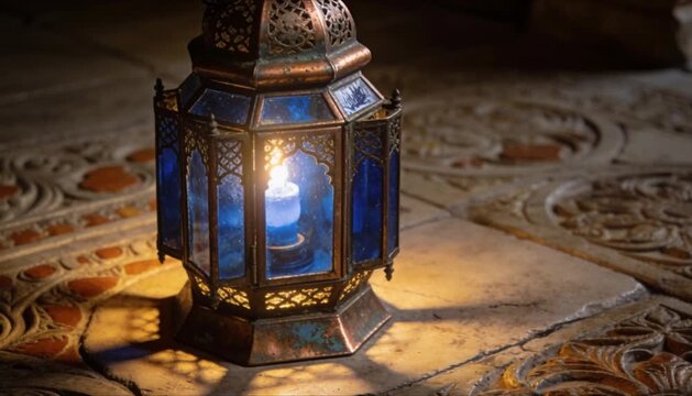 cinematic traditional fanous lantern with copper finish and blue glass glowing in a courtyard perfect for eid mubarak and ramadan