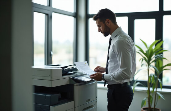 Man in office uses copier machine for document scanning and copying. Professional at desk prepares paperwork. Modern workplace with office equipment. Busy day at work.